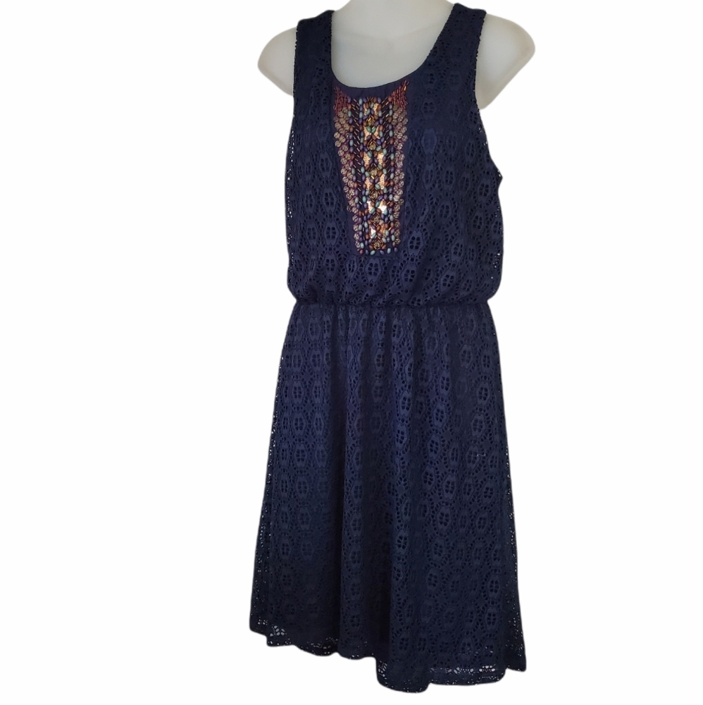 MAURICES Navy Blue Eyelet Lace & Beaded Jewel Sleeveless Dress Tourquoise Purple